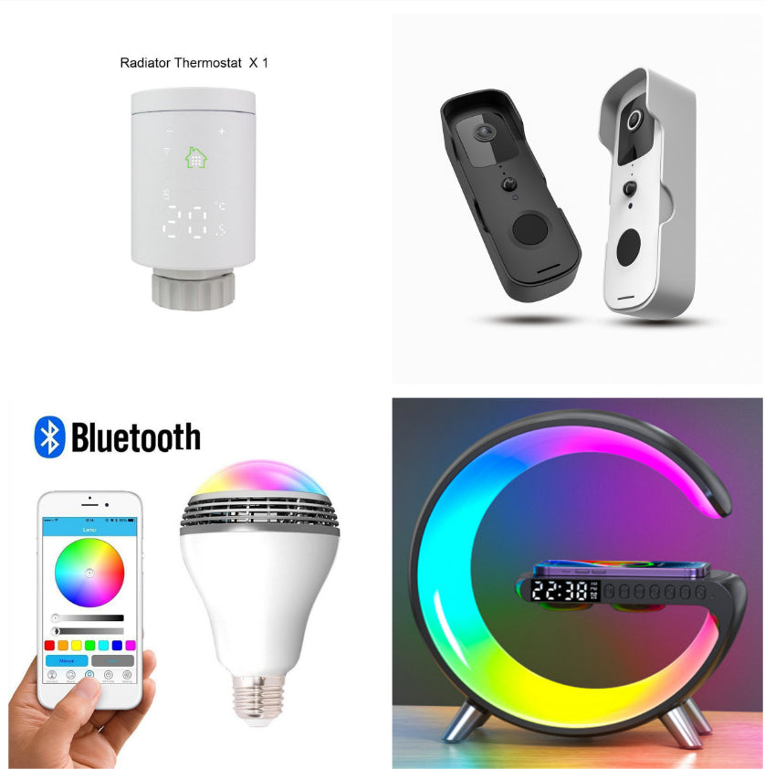 Collection of smart home devices including a thermostat, camera, smartphone app, light bulb, and moon-shaped clock on a white background.