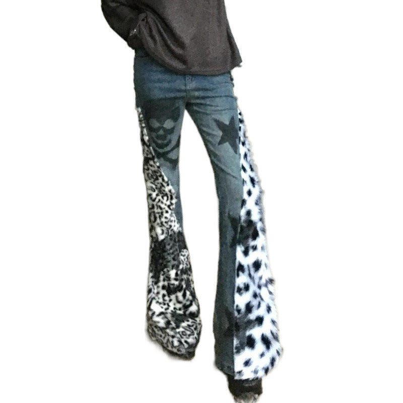 Flared jeans with leopard print and star patterns on a white background