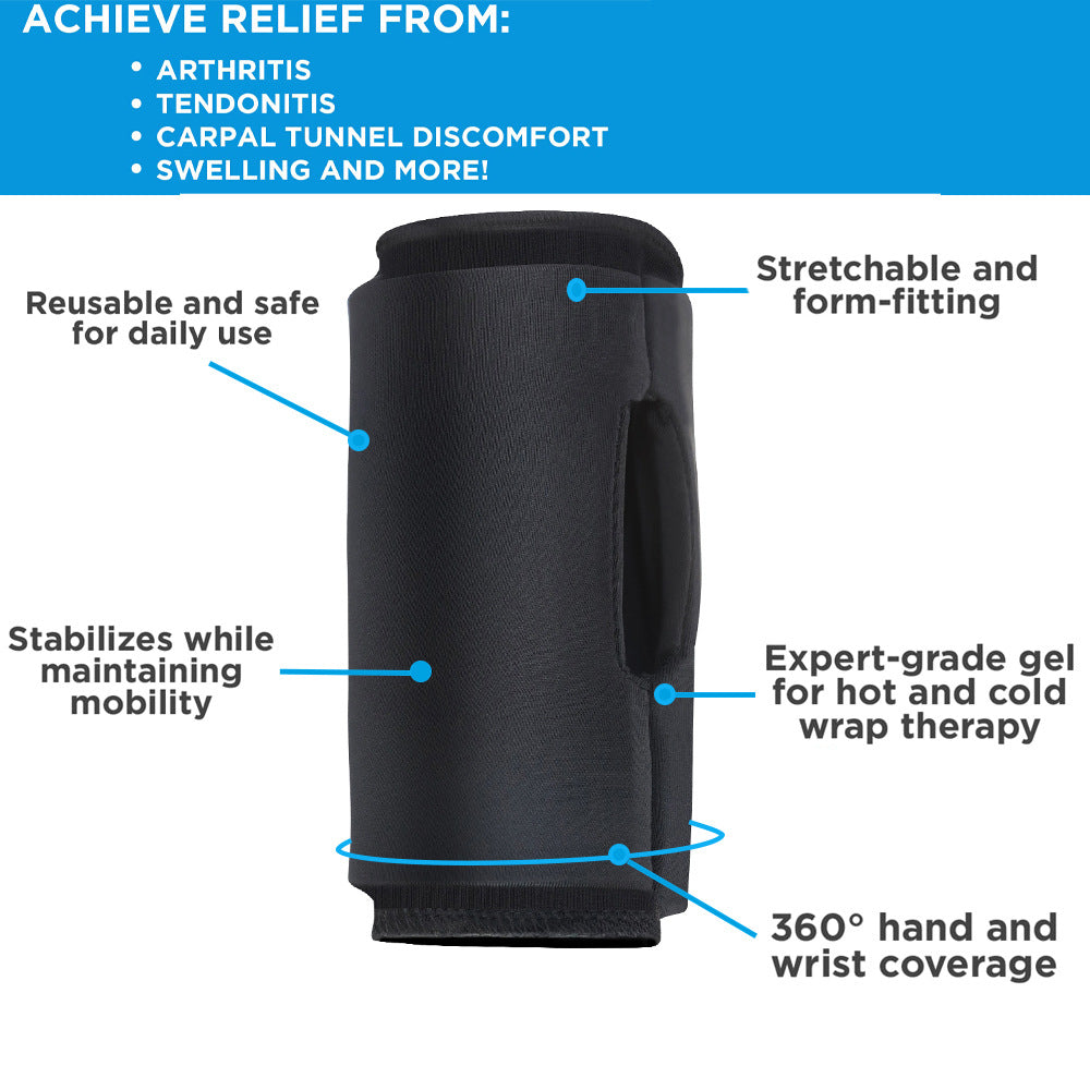 Black wrist support brace with features highlighted on a white background