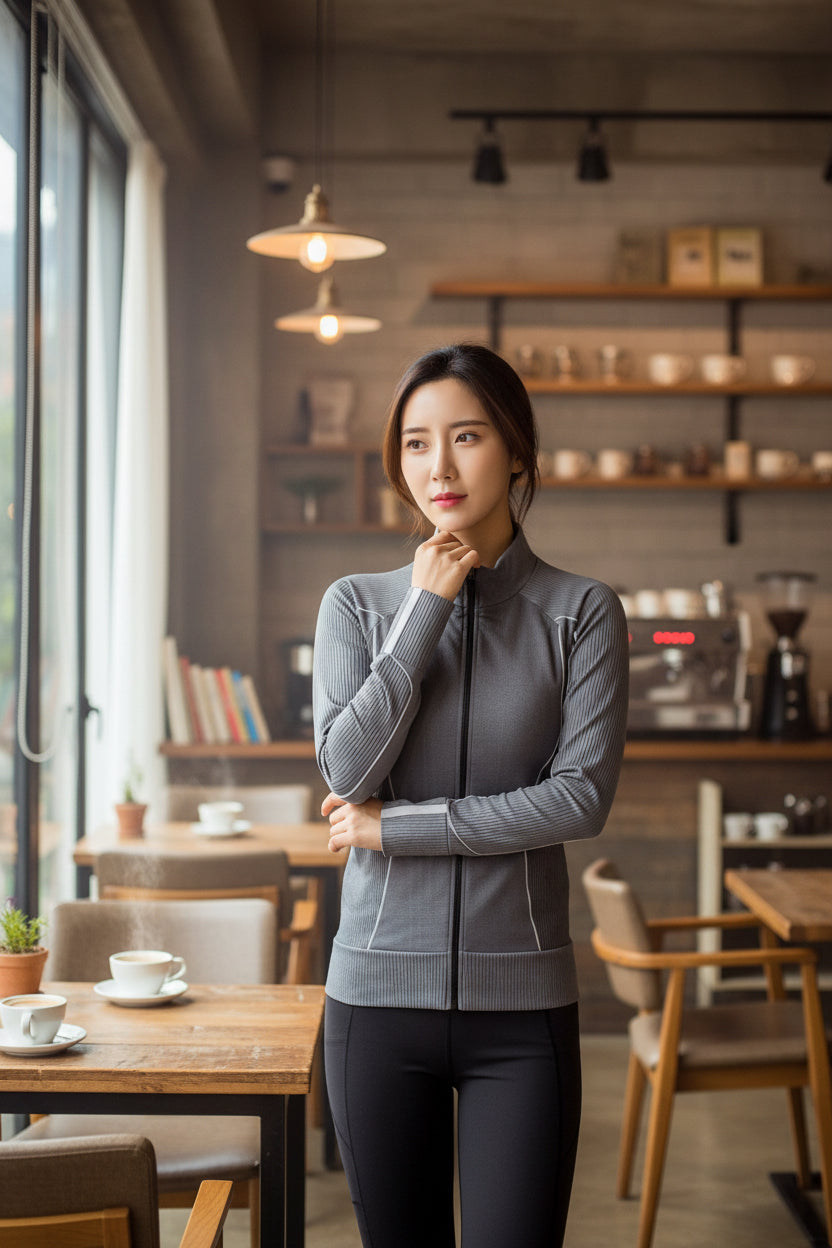 Woman wearing a gray athletic jacket and black leggings in coffee shop.