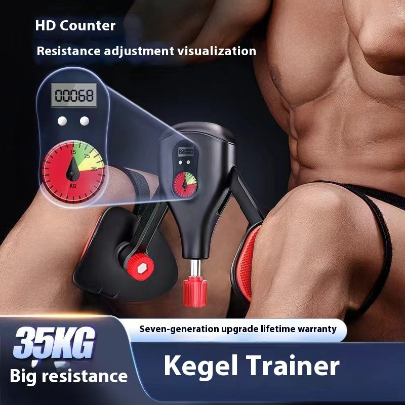 Kegel trainer with resistance adjustment visualization on a muscular person's legs.