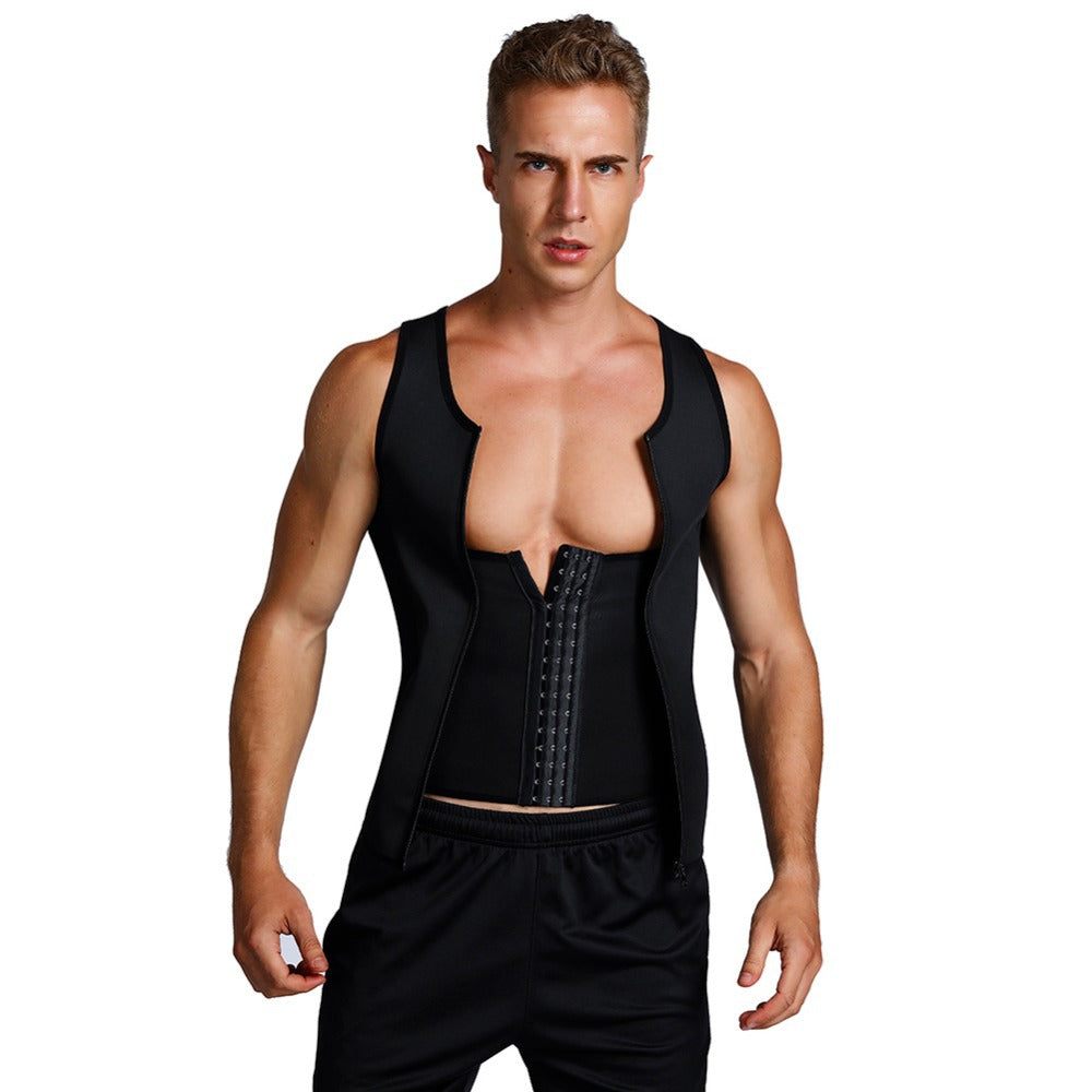 Man wearing a black compression vest on a white background