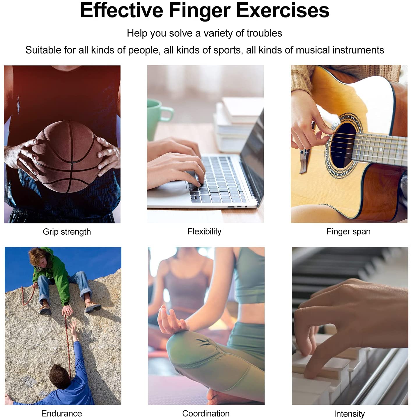 Promotional graphic for effective finger exercises with various activities and text.