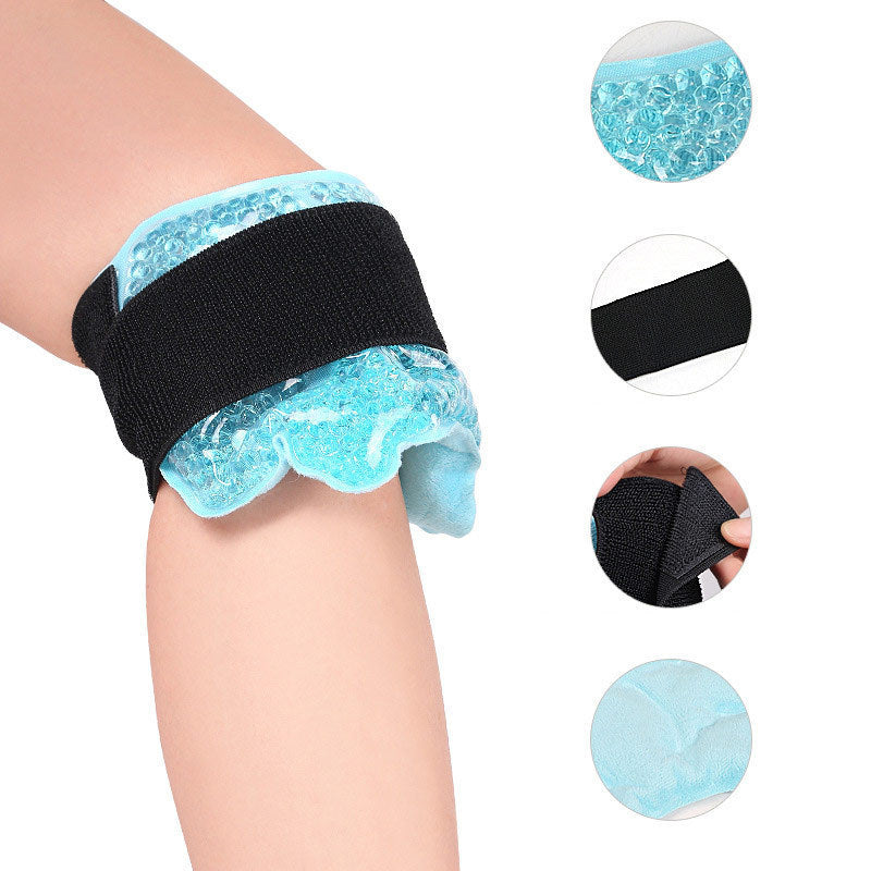 A black elastic knee support band with light blue gel pads, shown wrapped around a person's knee. Four circular detail insets on the right show close-ups of the gel texture, the black band, and the adjustable hook-and-loop closure.