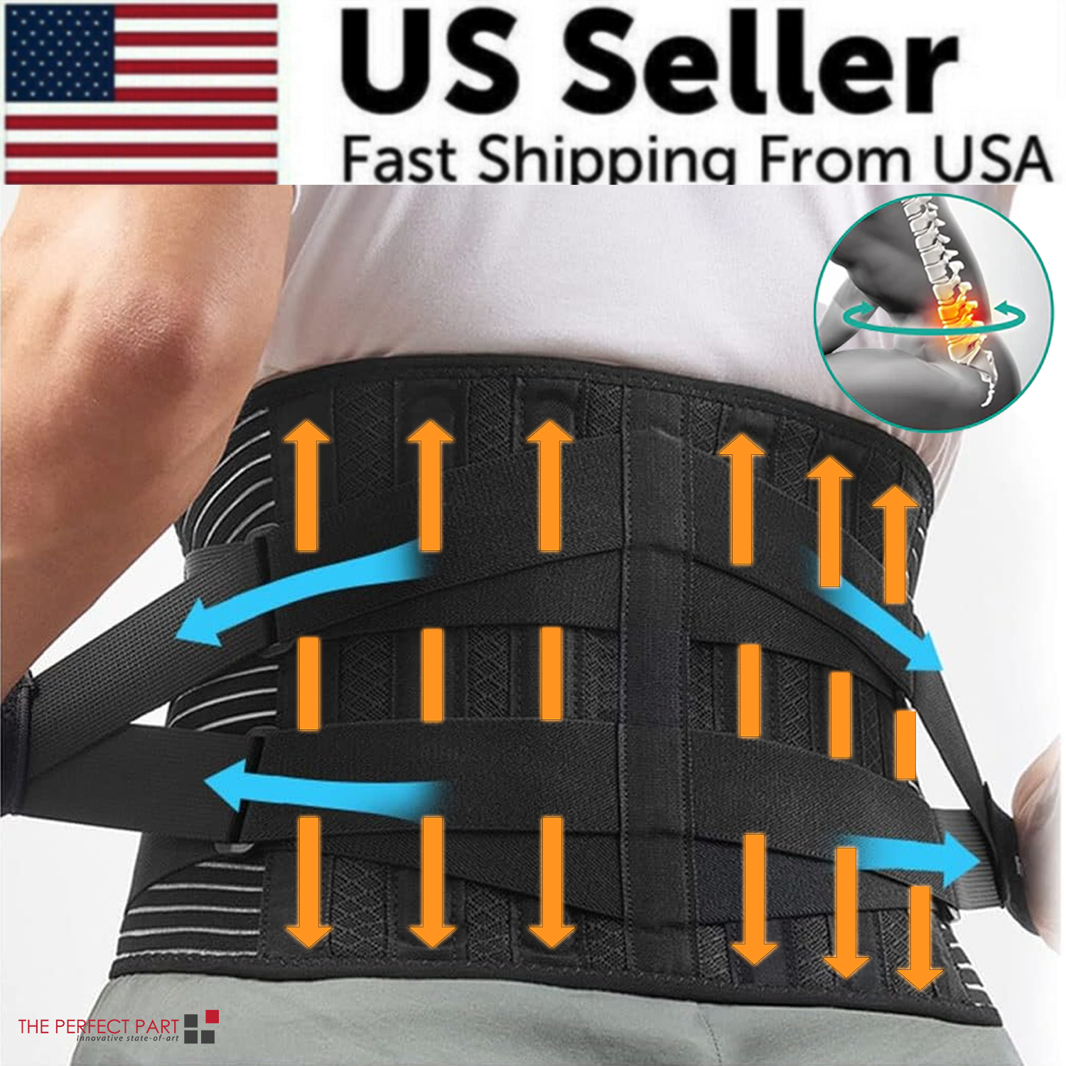 Back brace with labeled straps on a person, featuring an American flag and text about fast shipping from the USA.