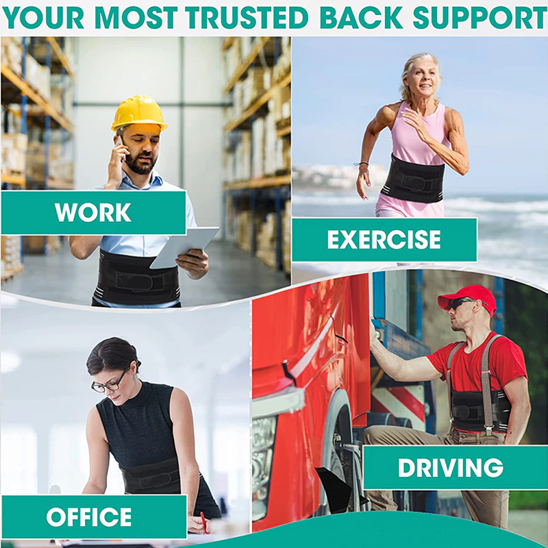 Promotional image for back support products with people in various settings like work, exercise, driving, and office.