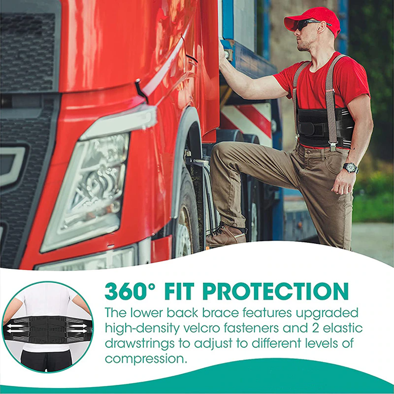Man working on a red truck with text about 360° fit protection for a lower back brace.