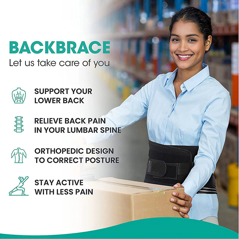 Woman wearing a back brace holding a box in a warehouse setting with promotional text about back brace benefits.