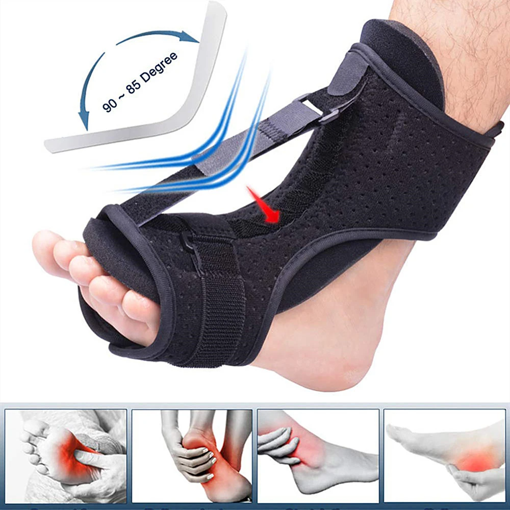 Black foot brace on a foot with illustrations showing its benefits.