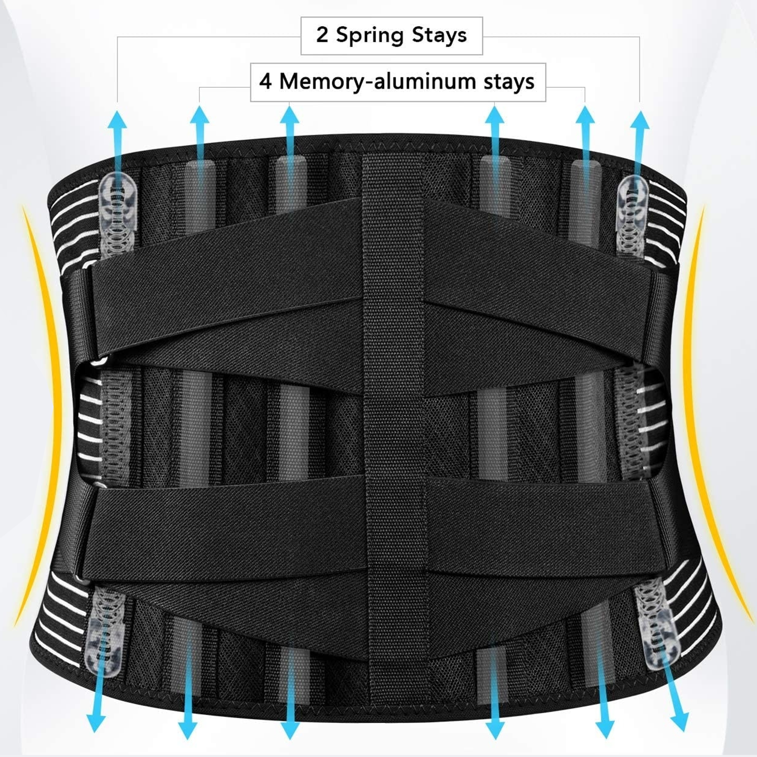 Black waist support belt with labeled components on a white background