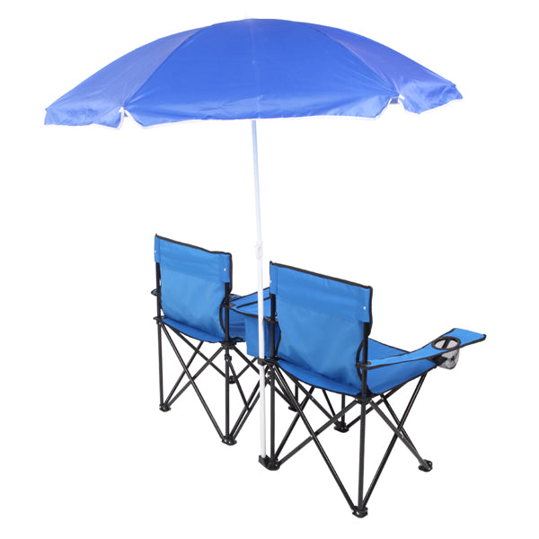 Blue folding chairs with matching umbrella on a white background