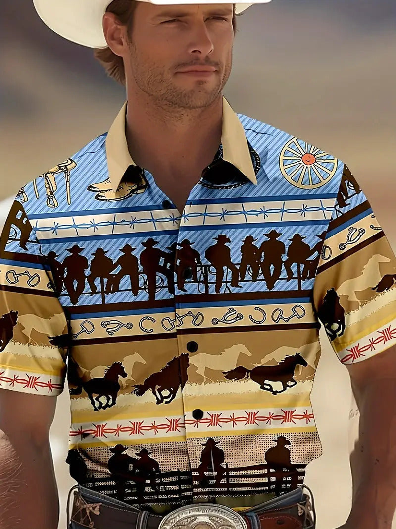 Man wearing a patterned shirt with cowboy designs against a desert background