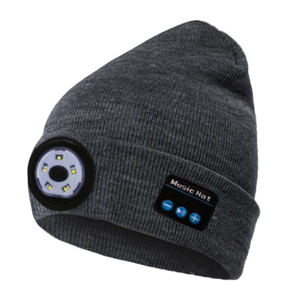 Gray beanie with Bluetooth control panel on a white background