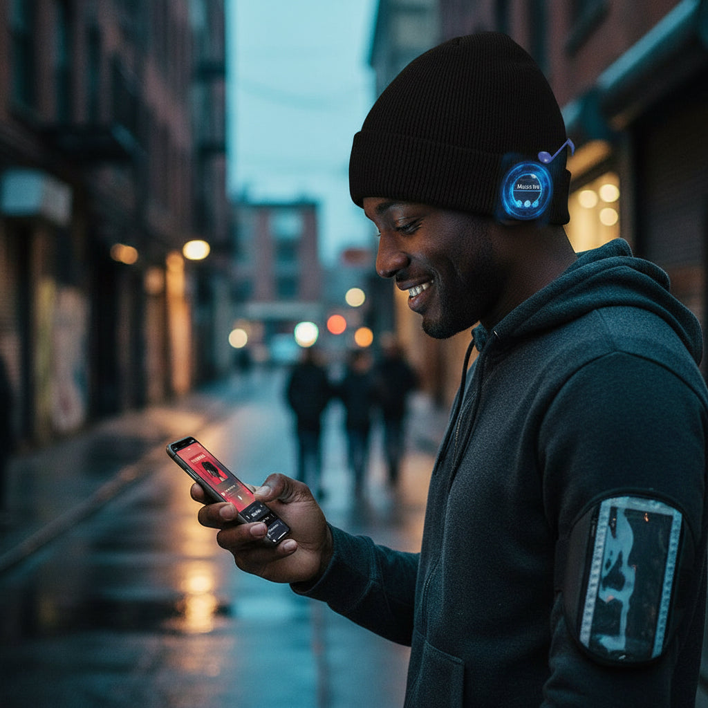 Man wearing a beanie with Bluetooth headphones, using a smartphone, on a light background.