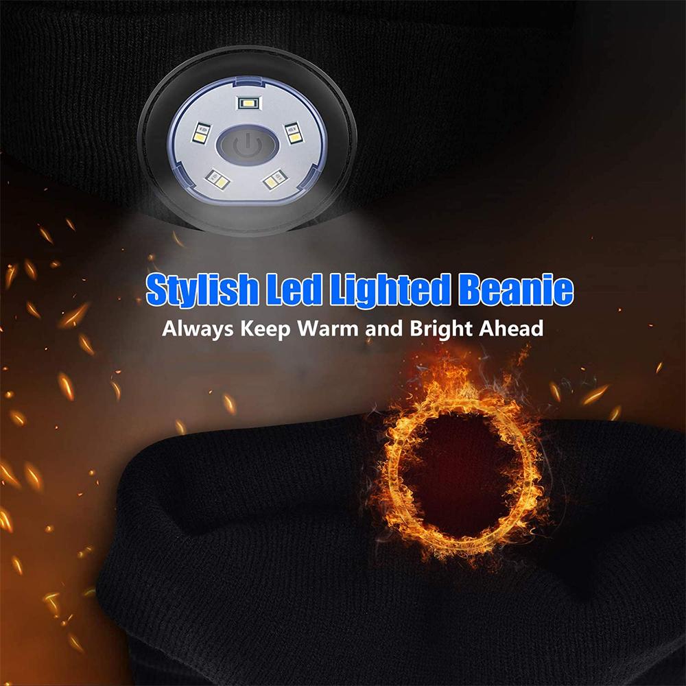 LED lighted beanie with glowing interior and text 'Stylish LED Lighted Beanie Always Keep Warm and Bright Ahead'.