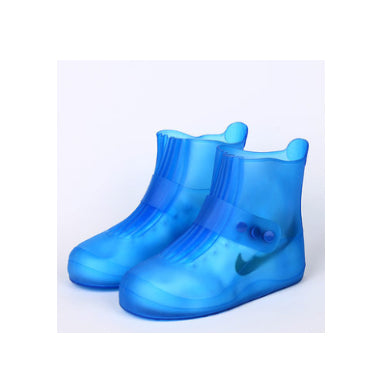 Blue rain boots with a Nike logo on a white background