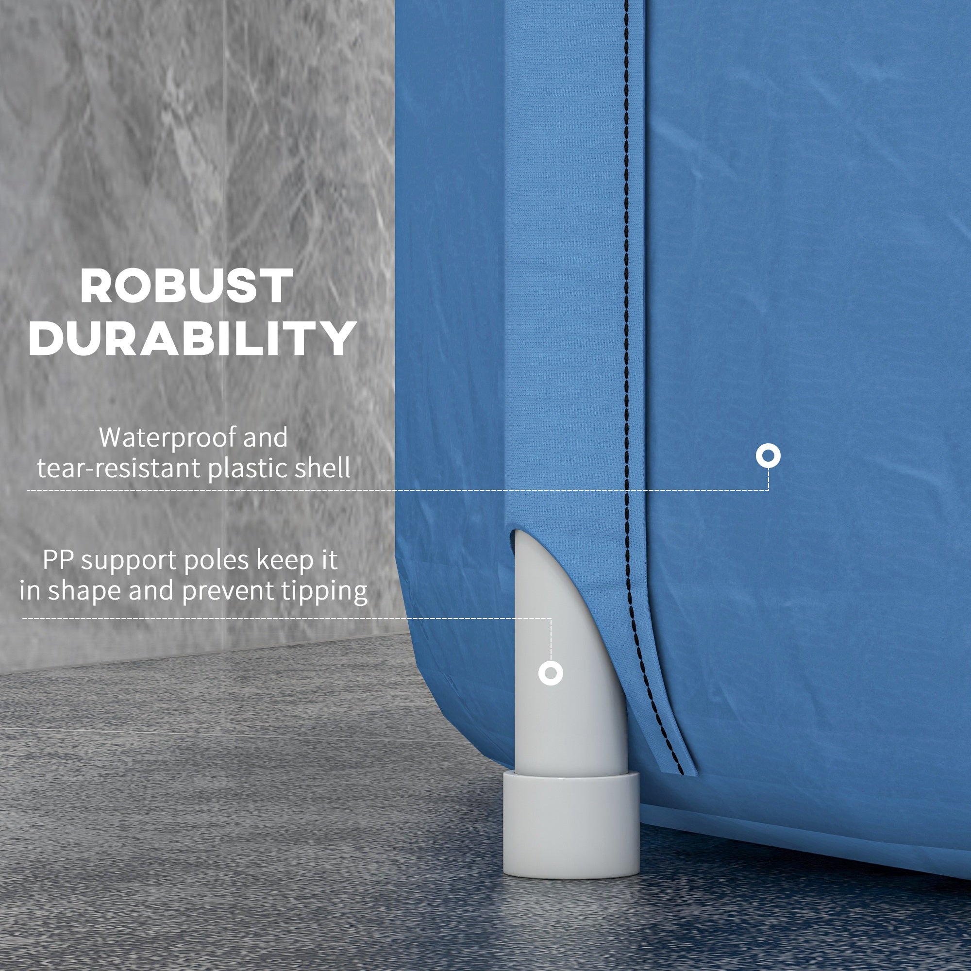 Blue suitcase with robust durability features highlighted on a gray floor.