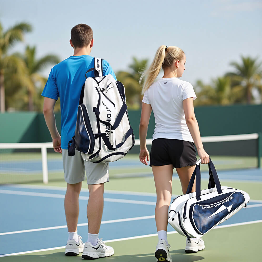Two people walking on a tennis court with sports bags, one of which is carrying a Dunlop branded bag.