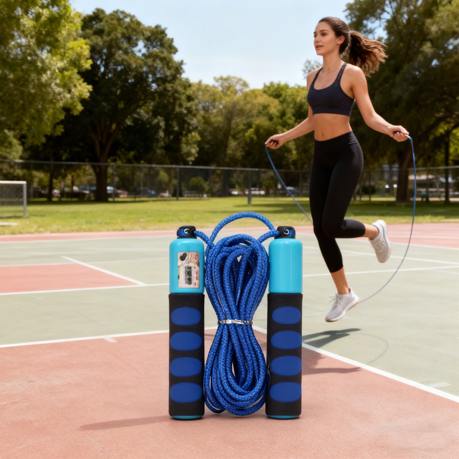 Woman jumping rope on a basketball court with a blue jump rope in the foreground.