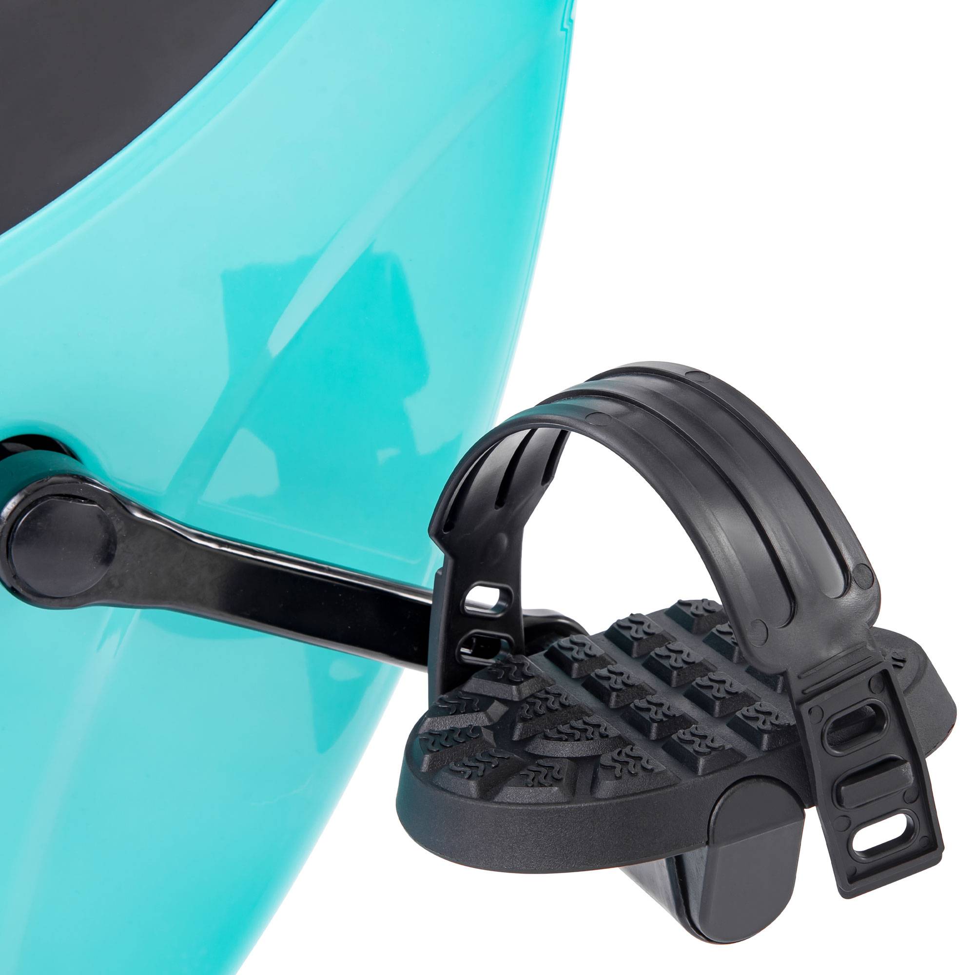 Black bike training stand attached to a turquoise bicycle