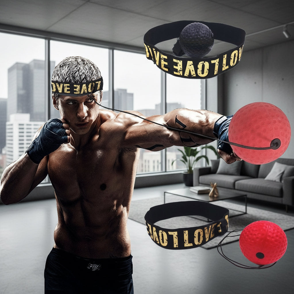 Person using a boxing headband and red exercise ball for training, with text on the equipment.