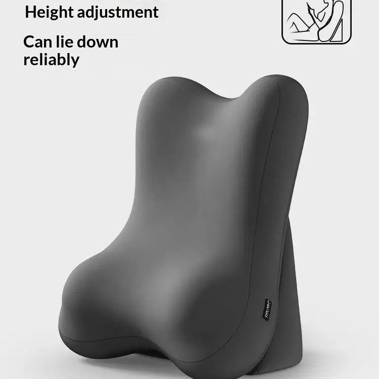 A dark gray ergonomic lumbar support pillow shown on a light gray background, with text reading 'Height adjustment Can lie down reliably' and a small icon in the top right corner.