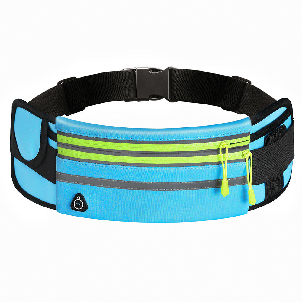 Blue and black waist bag with reflective stripes on a white background
