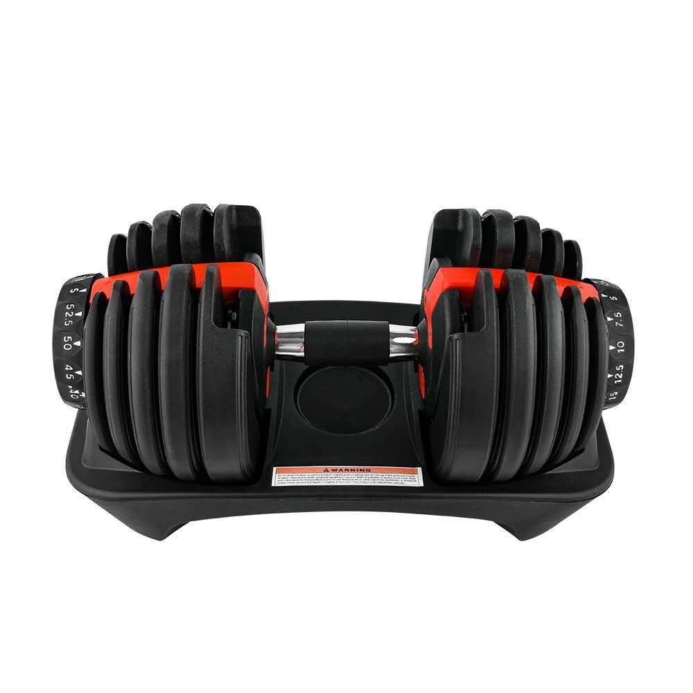 Pair of adjustable dumbbells on a white background