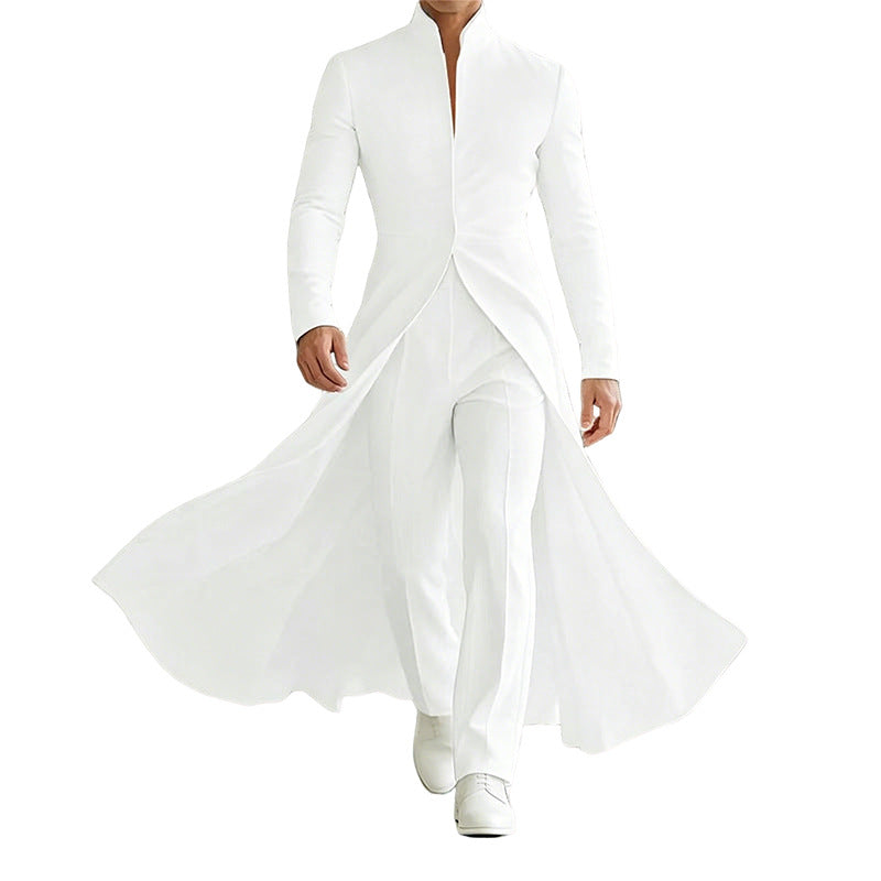 A model wearing a white long-sleeve formal tuxedo-style jacket with a high collar, matching white trousers, and white shoes, shown against a plain white background.