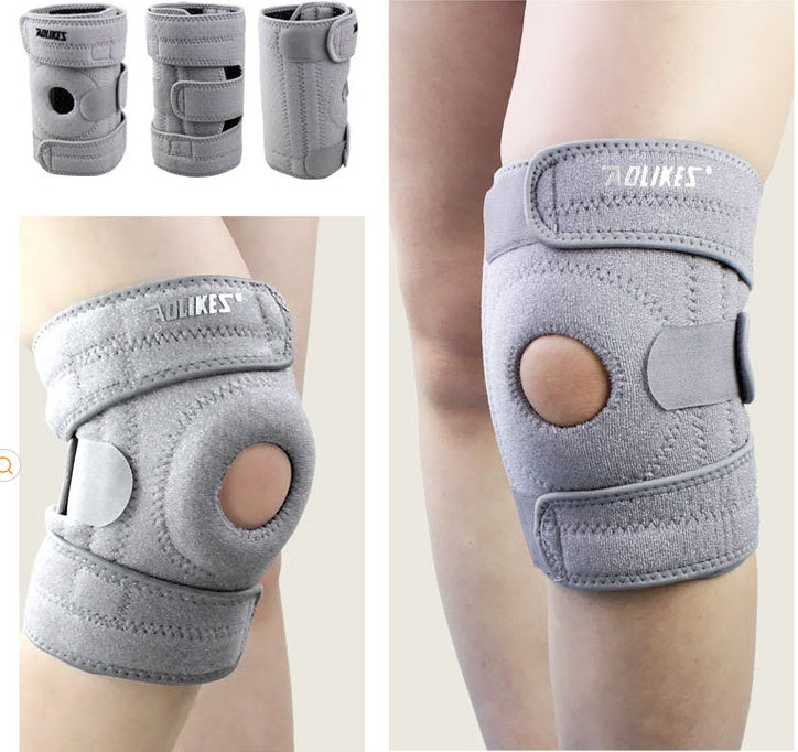 Gray knee brace with 'OLIKES' branding on a person's knee, with close-up views of the product.