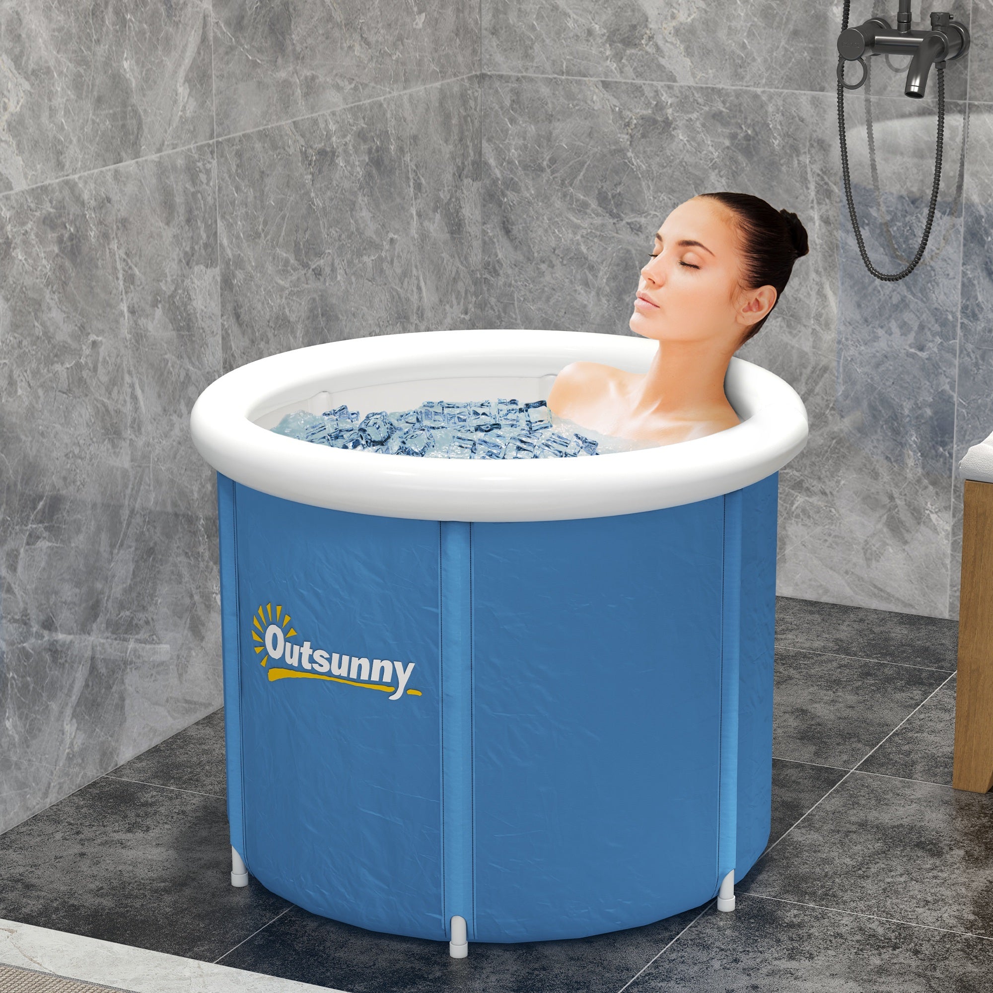 Woman relaxing in an Outsunny inflatable hot tub against a tiled bathroom wall.