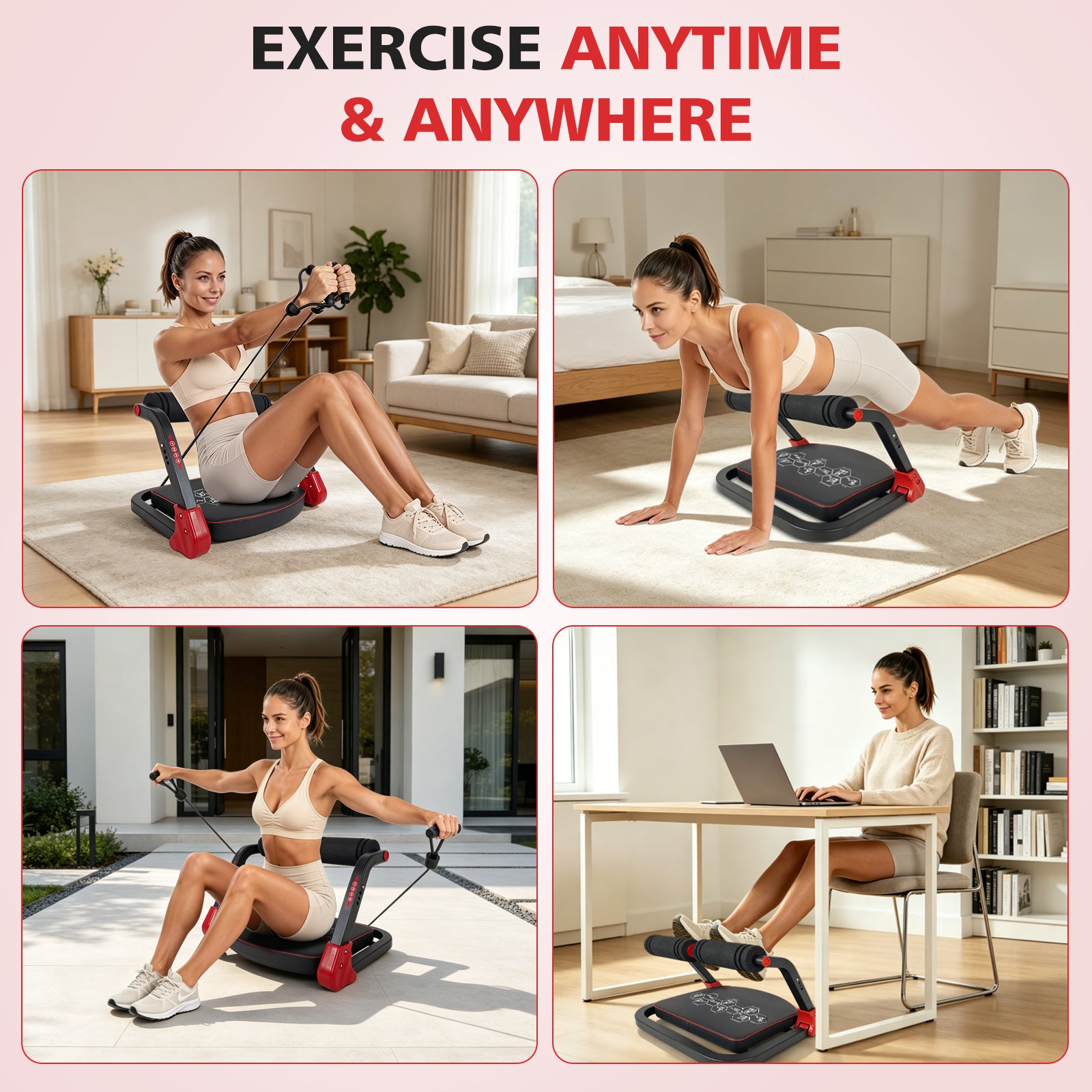 Woman using a home exercise device in various settings with text 'Exercise Anytime & Anywhere'.