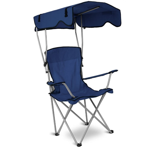 Blue camping chair with canopy on a white background
