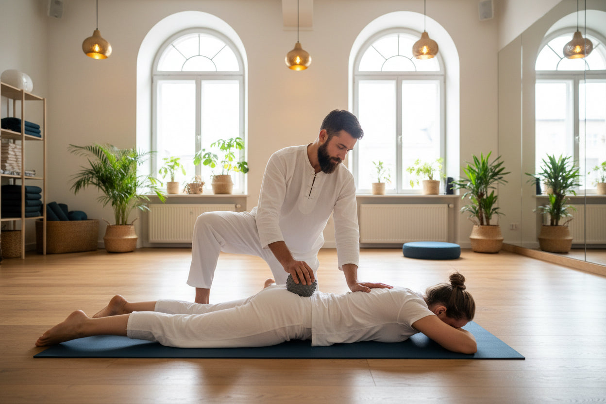 Yogi using massage ball fordeep trigger point therapy on client in fancy studio