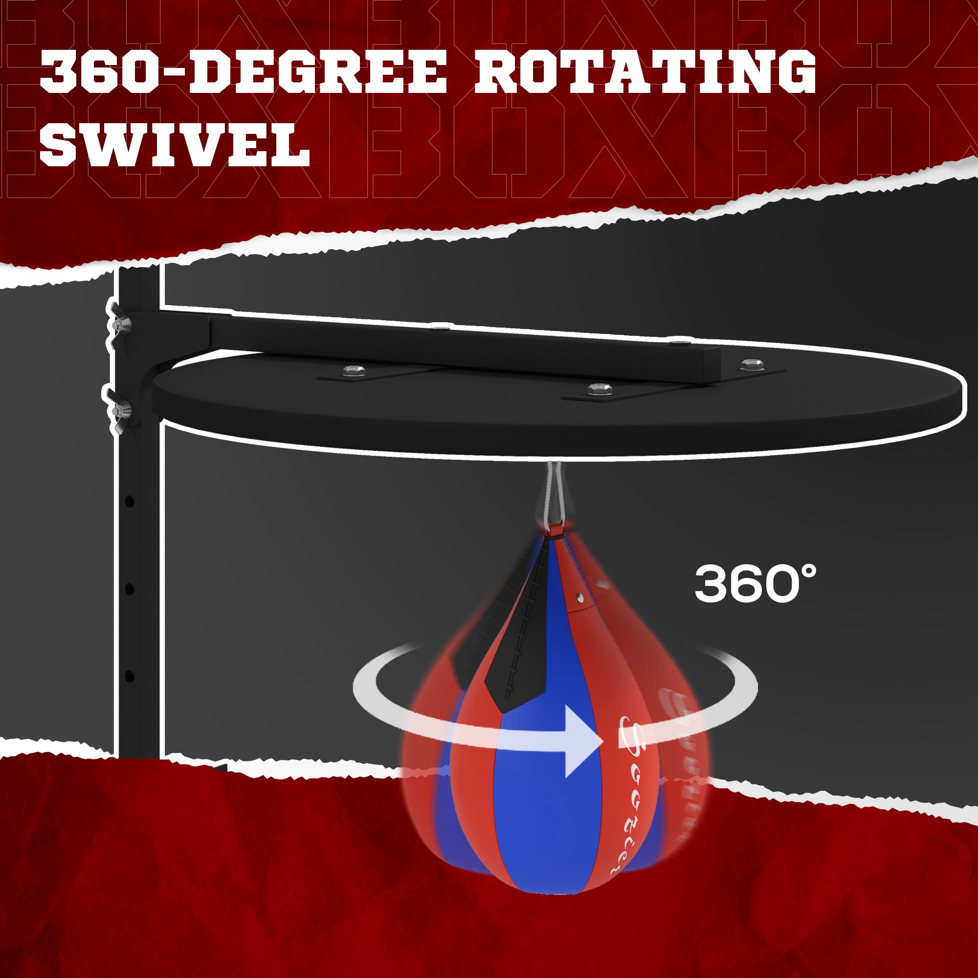Rotating punching bag with 360-degree swivel feature on a black and red background.