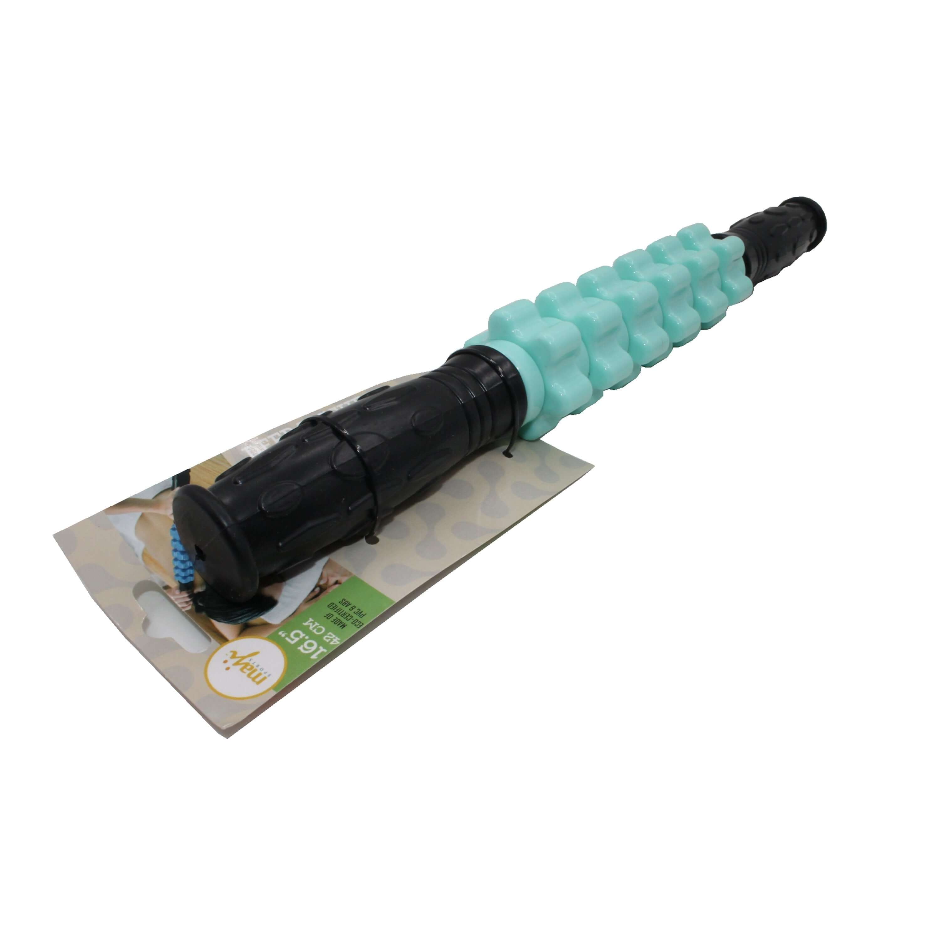 Turquoise and black foam roller on a white background
