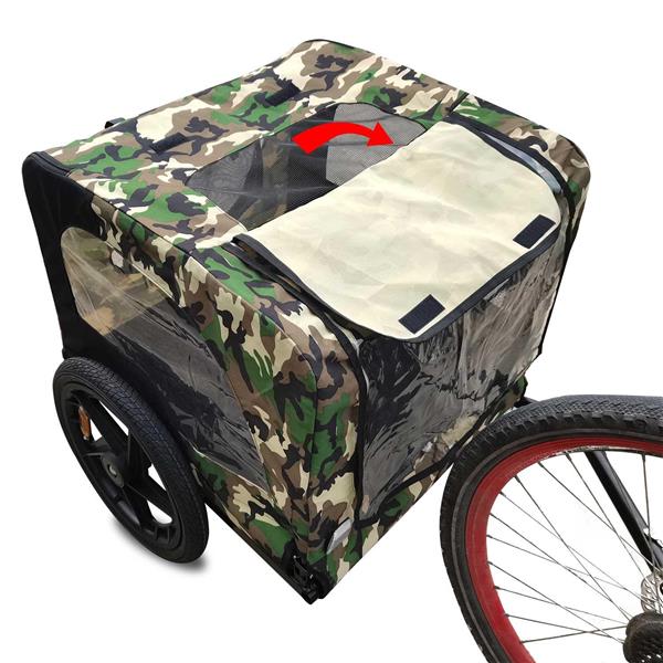 Camouflage-patterned bike trailer with a red arrow indicating direction on a white background