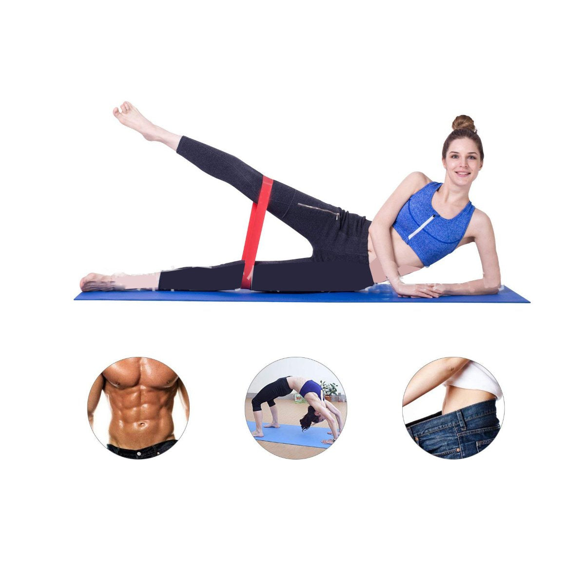 Woman exercising with resistance bands on a white background