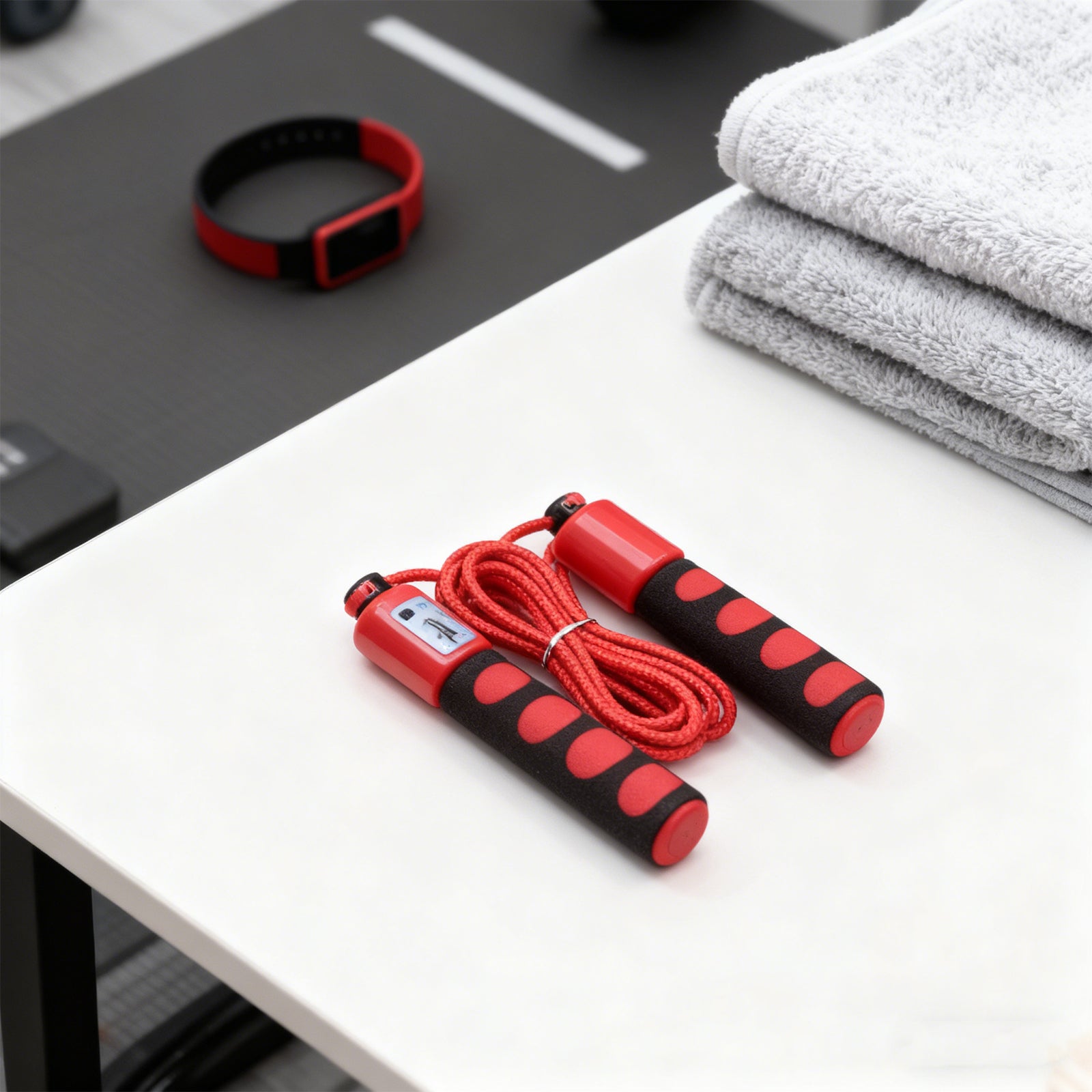 Red and black jump rope on a white surface with a black mat and gray towels in the background.