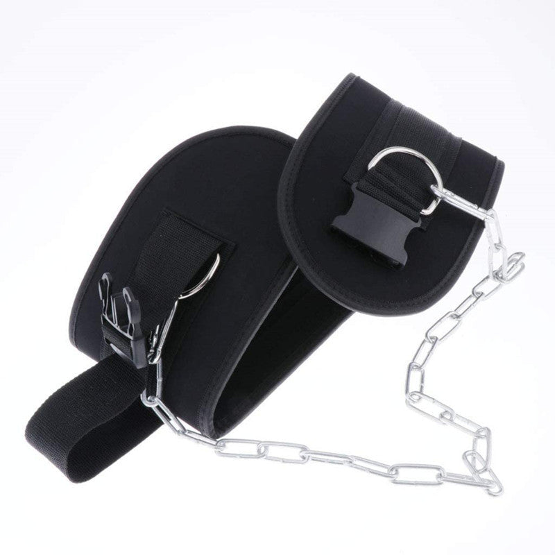 Black leather straps with metal clasps and chain on a white background