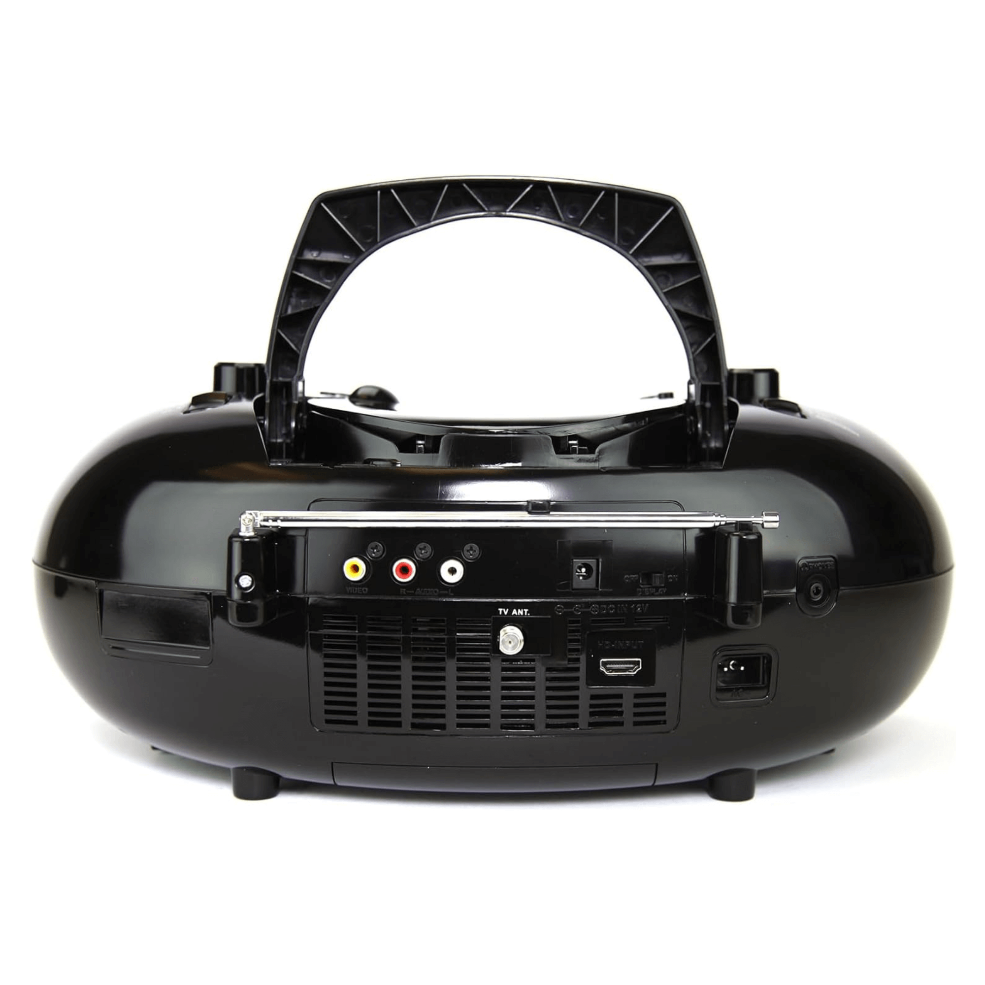 Black portable stereo with handle on a white background