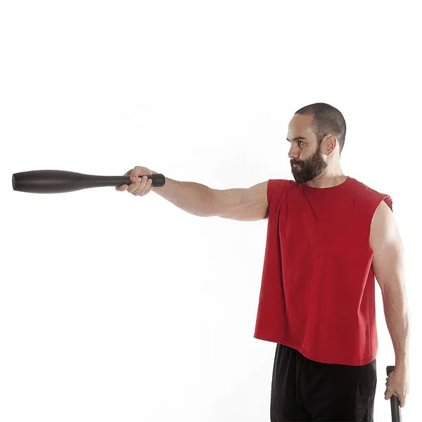 Man in a red sleeveless shirt holding a black bat on a white background
