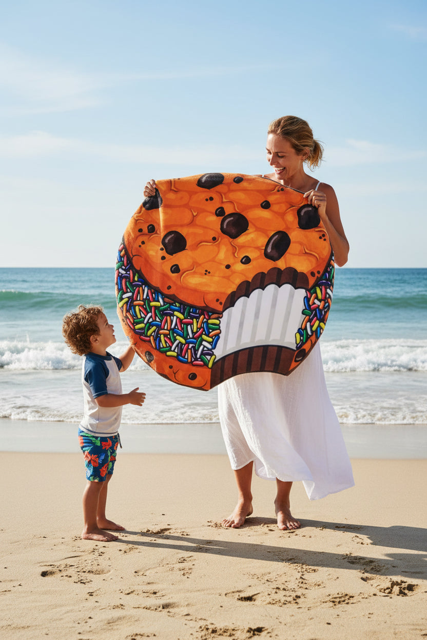 Colorful inflatable ice cream sandwich with orange frosting, chocolate chips, and rainbow sprinkles on a white background.