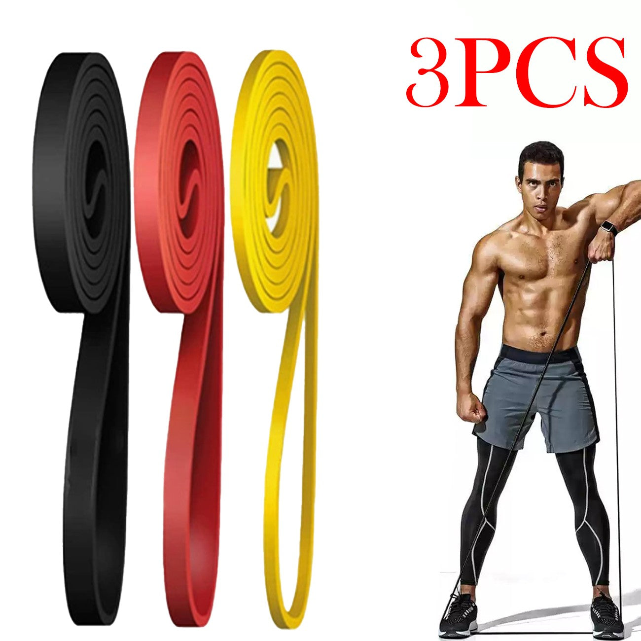 Three coiled resistance bands in black, red, and yellow shown on a white background, alongside a shirtless man holding a band and the text '3PCS' in red.