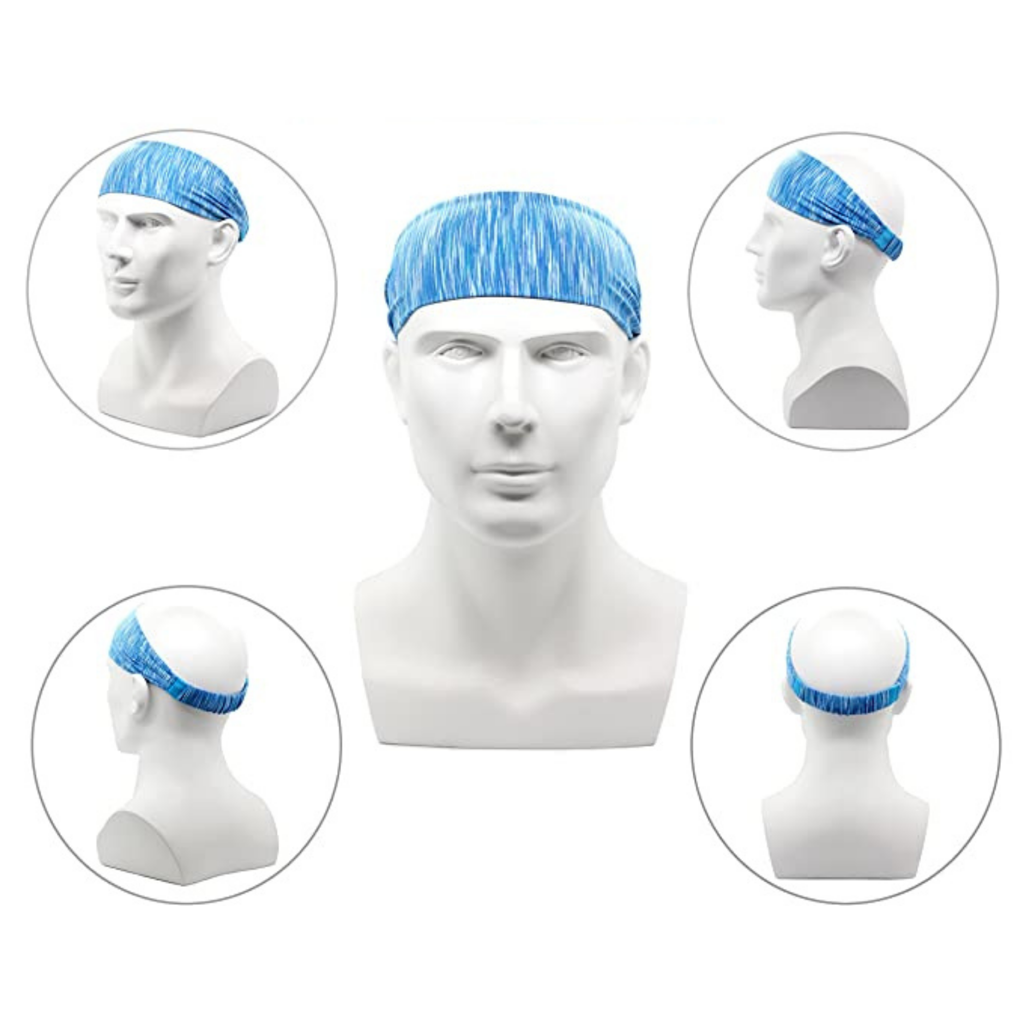 Blue headbands on mannequin heads against a white background