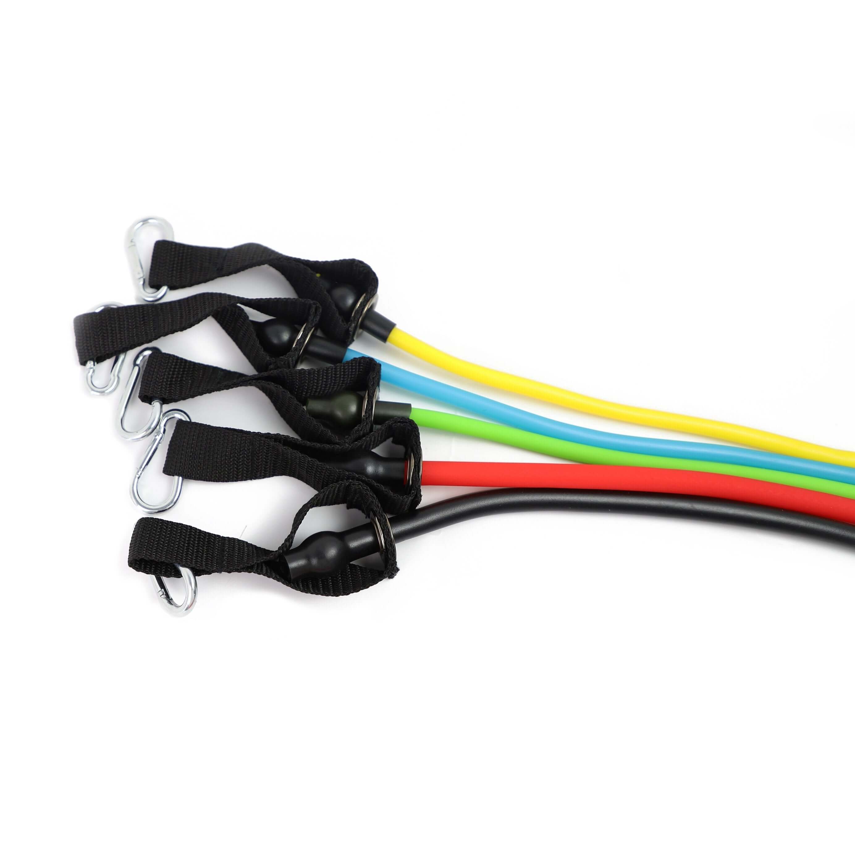 Set of resistance bands with black handles on a white background