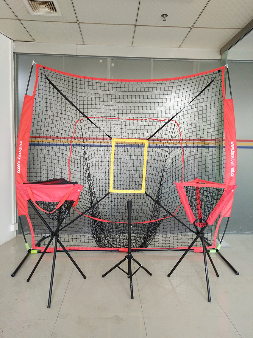 Baseball practice net with stands in an indoor setting