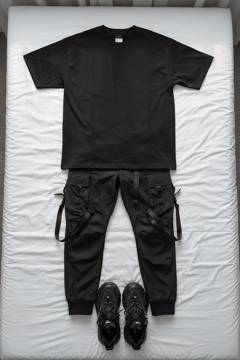 Person wearing tactical pants and black shoes on a gray pavement.