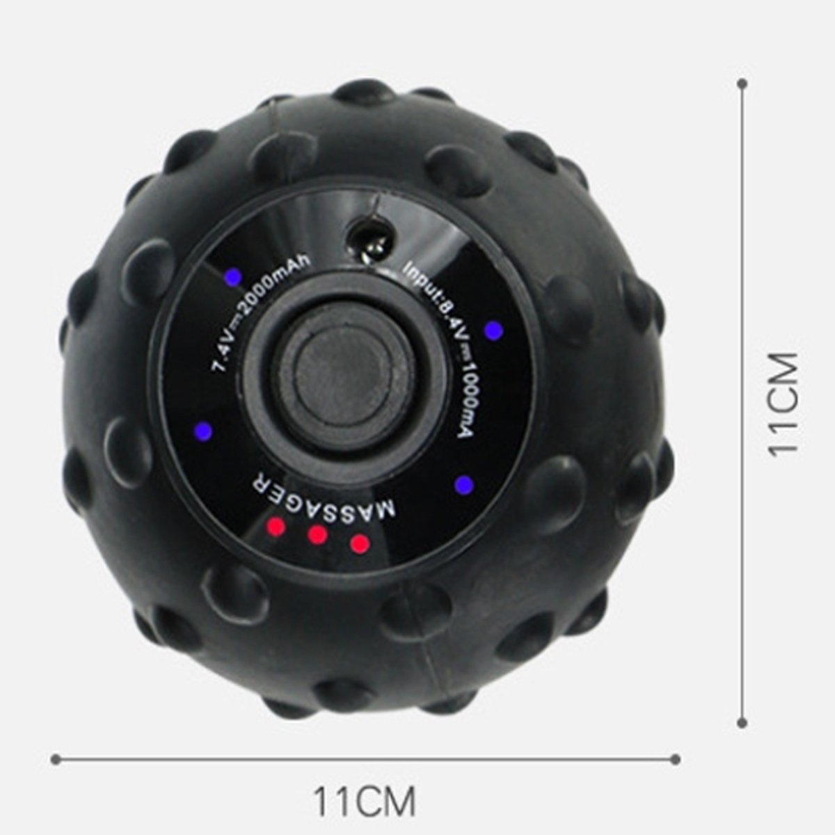 Black massage ball with measurement details on a white background
