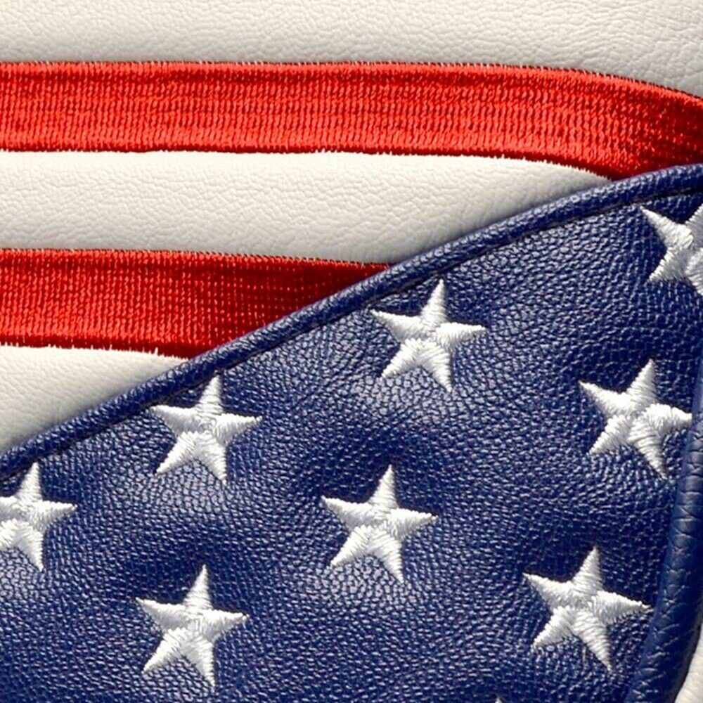 Close-up of an American flag patch with red, white, and blue colors.